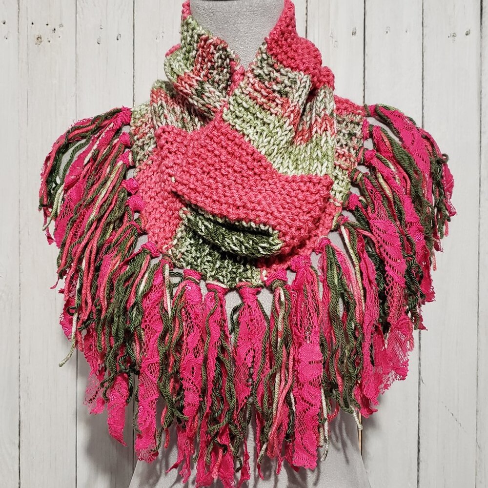 NEW Hand Knitted Boho Cowl Scarf Green Pink Whimsy Boho Artsy Glam Coquette Chic